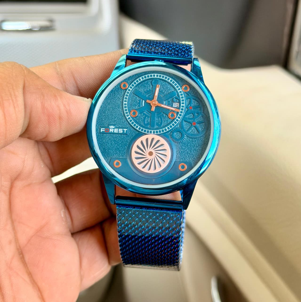 Forest Swiss Men’s Watch with Small Working Chronograph and Blue Mesh Strap - Image 2